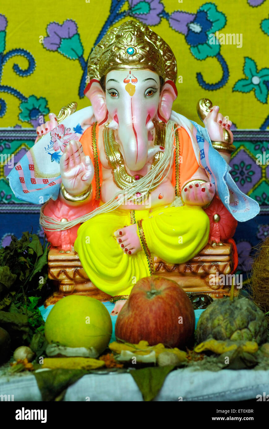 Richly decorated idol of lord Ganesh elephant headed God ; Ganapati festival year 2008 at Pune ; Maharashtra ; India Stock Photo