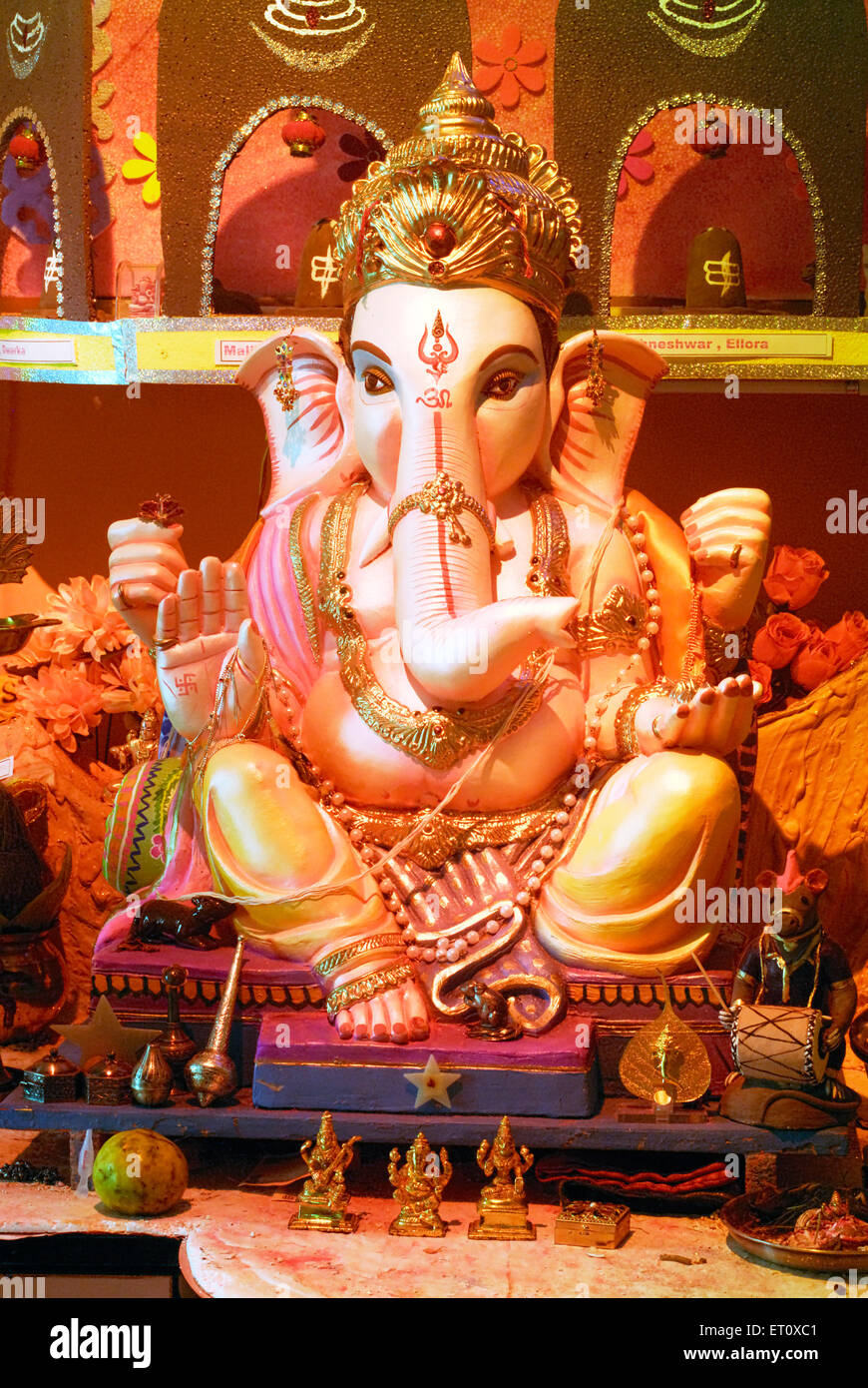 Richly decorated two idols of lord Ganesh elephant headed God ; Ganapati festival year 2008 at Pune ; Maharashtra ; India Stock Photo