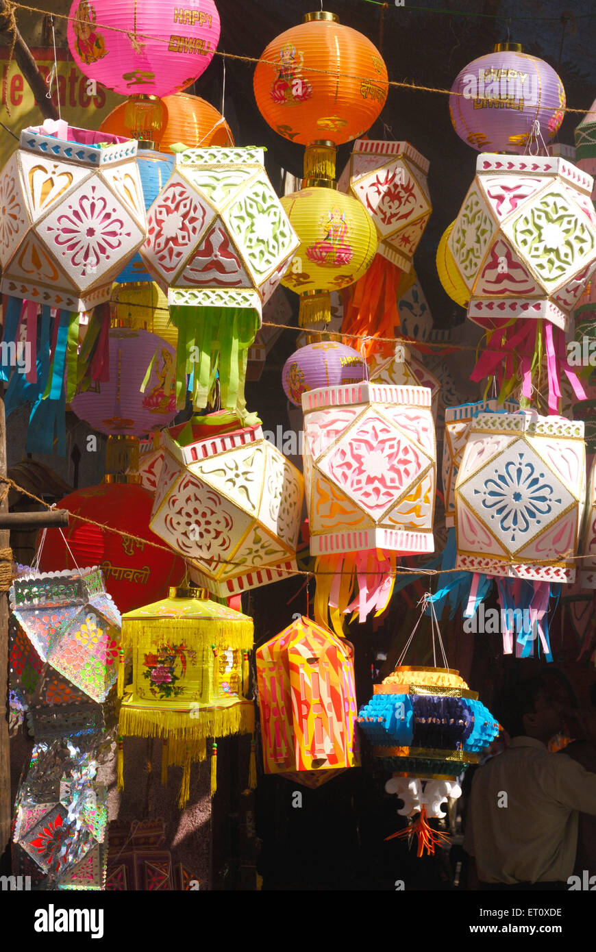 Lanterns of various types and size akashkandil hang outside shop for