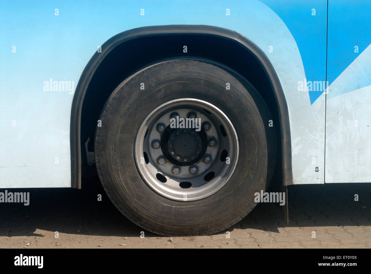 huge tire, big tyre, Volvo bus, Maharashtra, India Stock Photo