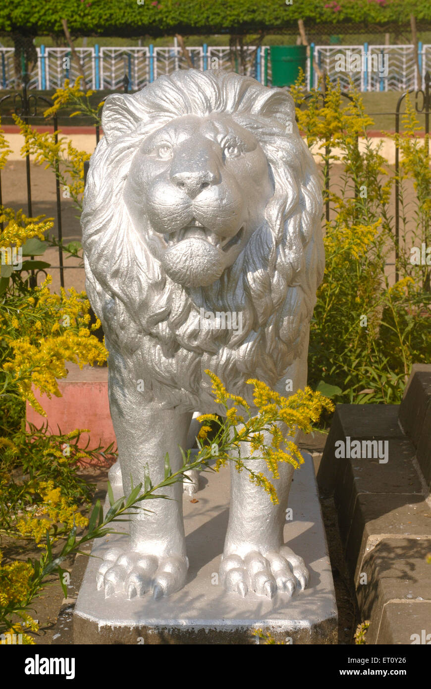 Statue of lion painted in silver color at memorial of armed freedom fighters from year 1857 1947 at Saras Baug ; Pune Stock Photo
