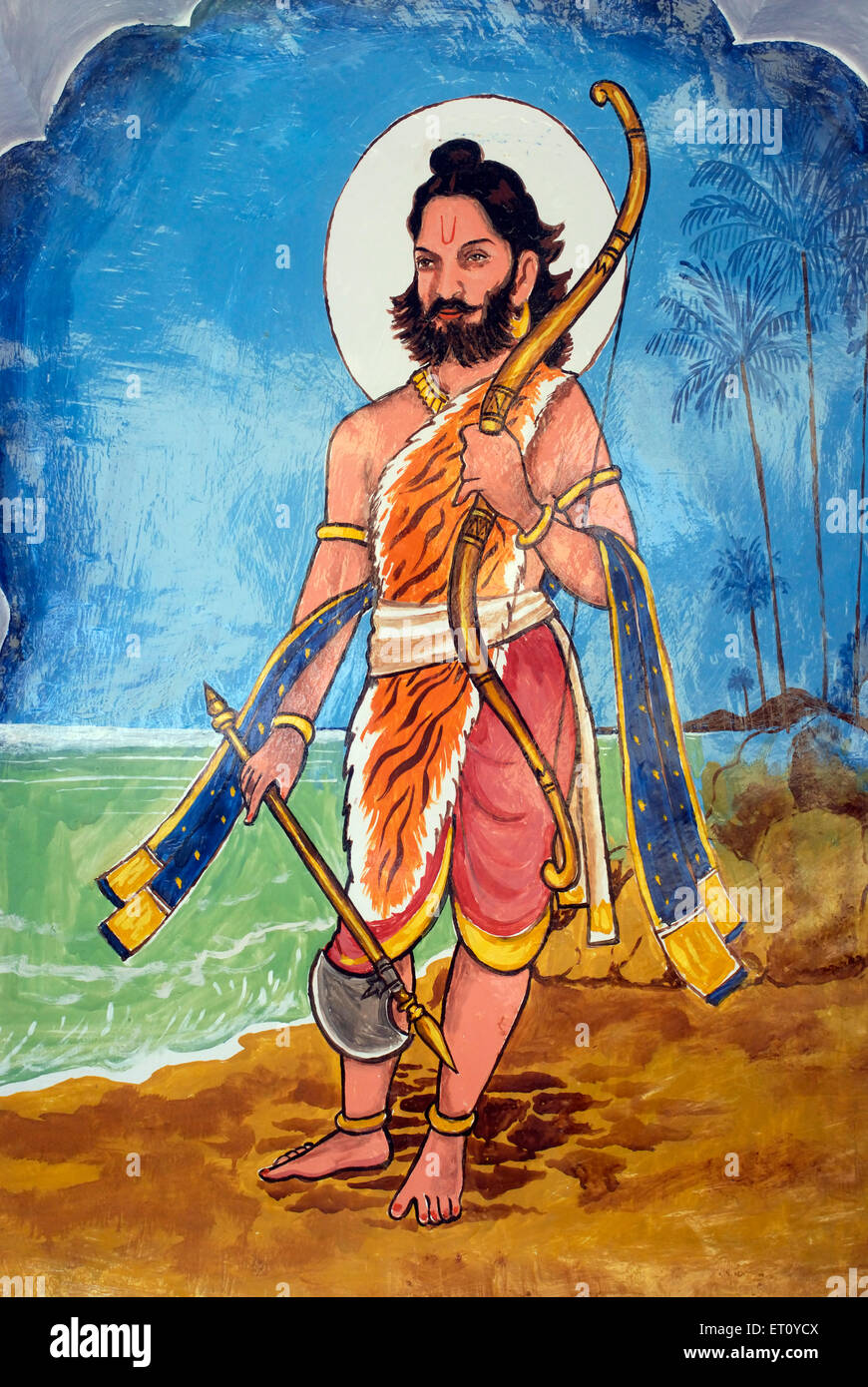 Parasuramavtar sixth incarnation of Lord Vishnu colourfully painted on wall of Vishnu Narayan temple Pune Stock Photo