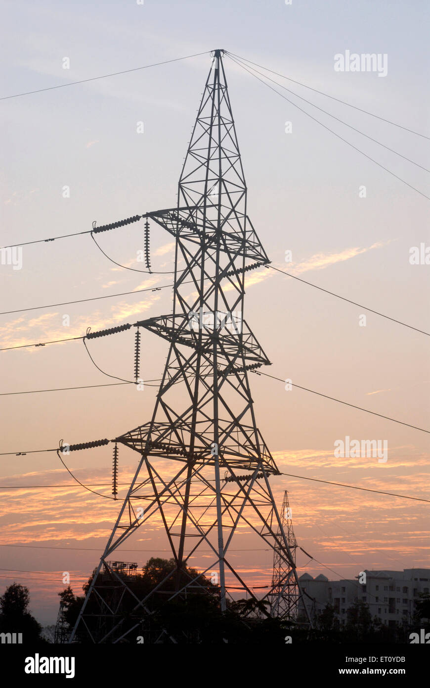 Overhead power lines, high tension wires, transmission tower, India Stock Photo