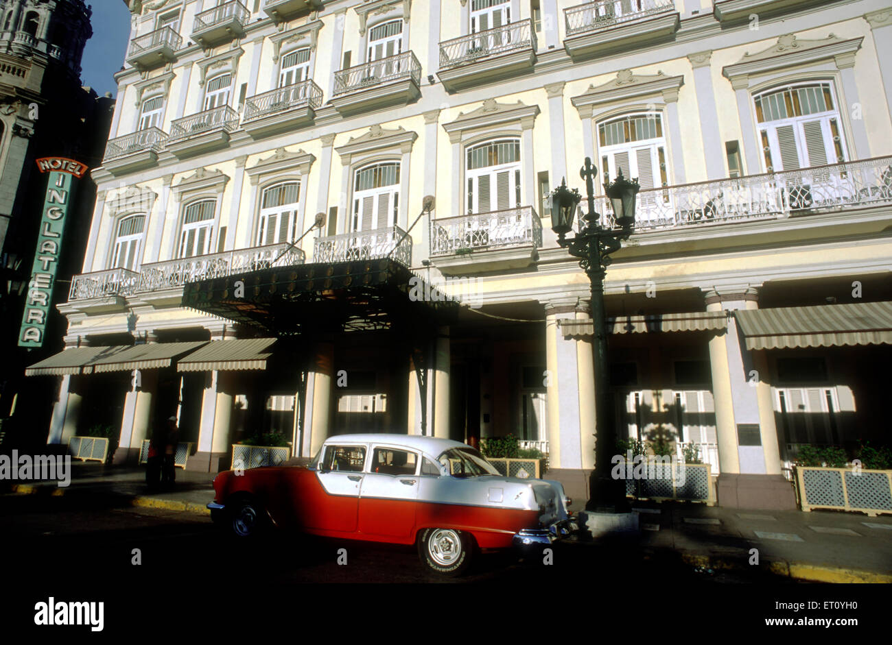 Old car 1950s Chevrolet in front of Hotel Inglaterra, Havana, Cuba. Paseo Marti, Havana (La Habana), Cuba Stock Photo