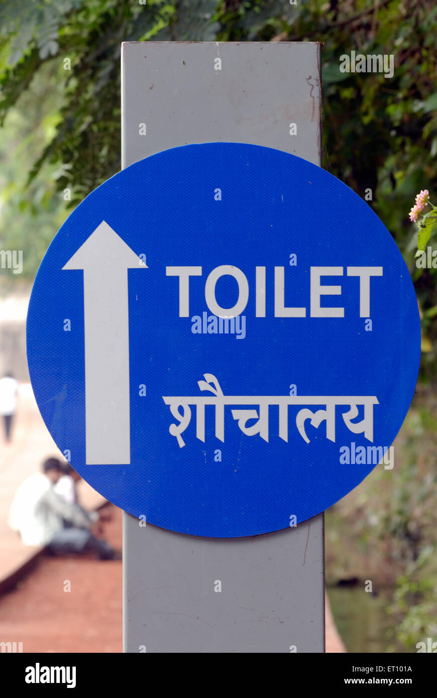 toilet sign in english and hindi blue white letters round board Stock Photo