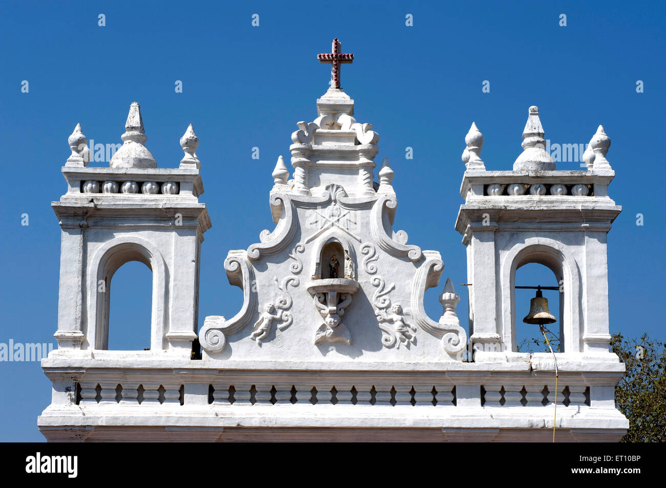 Belfry and towers of chapel of saint anthony church in terekhol ; Pernem ; Canacona ; Goa  ; India Stock Photo