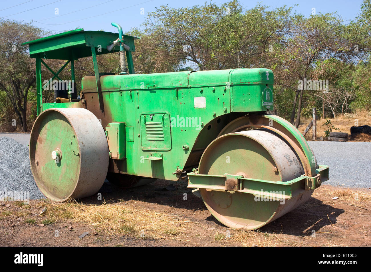 Road roller for construction of road ; Goa ; India Stock Photo