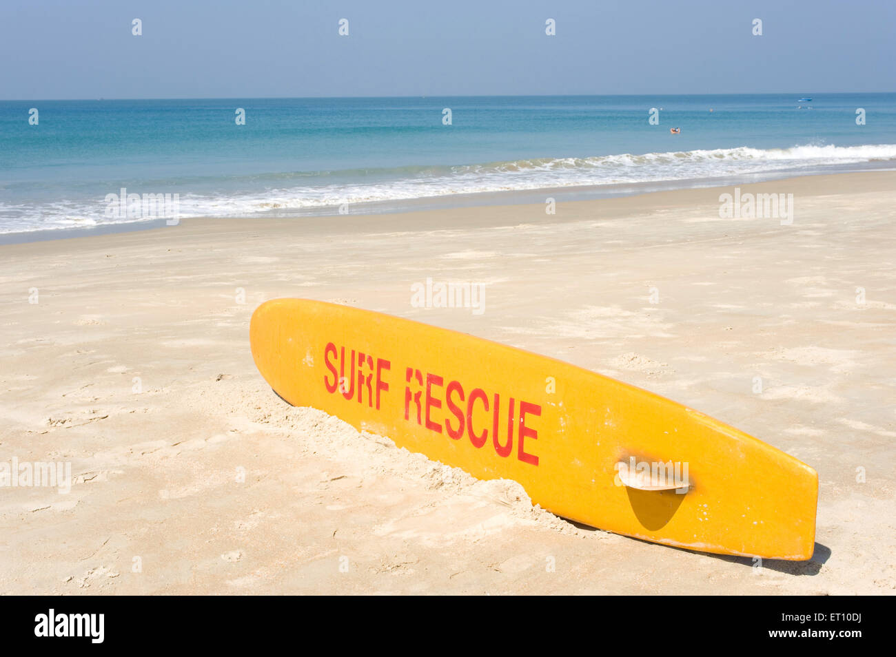Surfboard of lifeguard kept on sand at colva beach ; Goa ; India Stock Photo