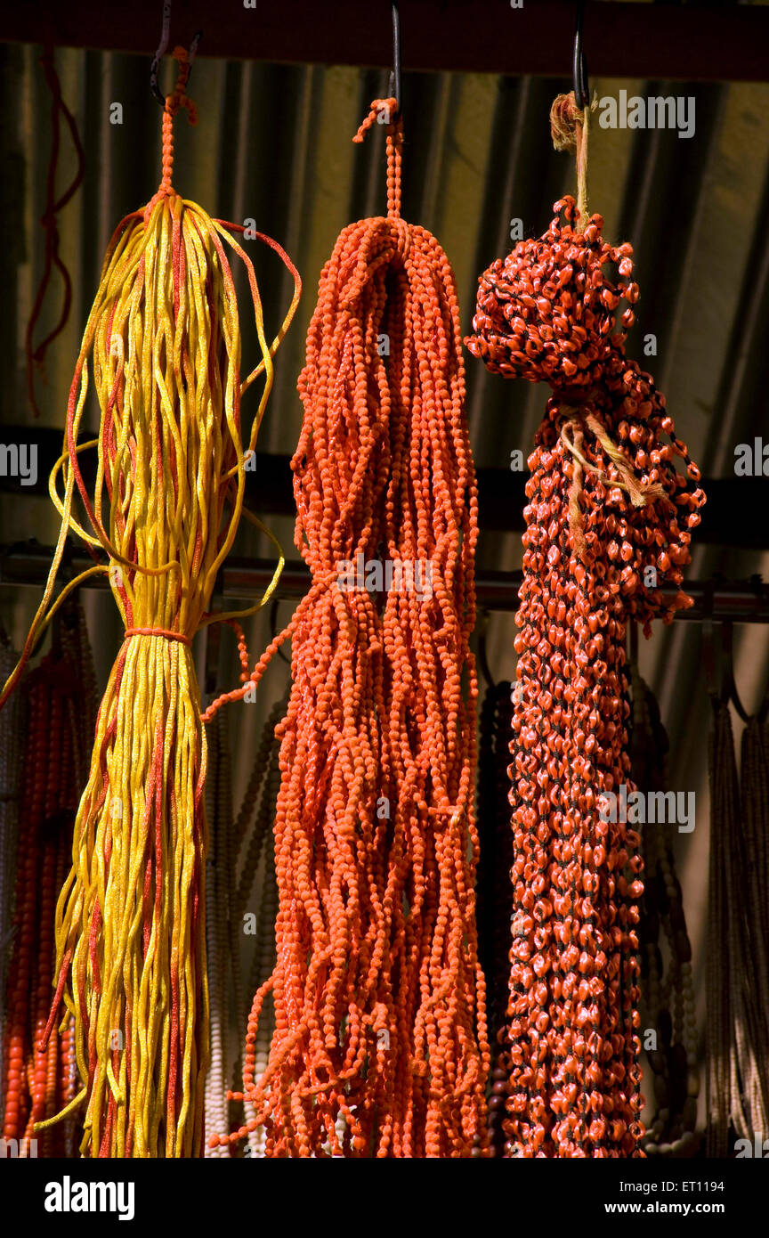 Threads hang for selling Yogeshwari Temple at Beed Maharashtra India Asia Stock Photo