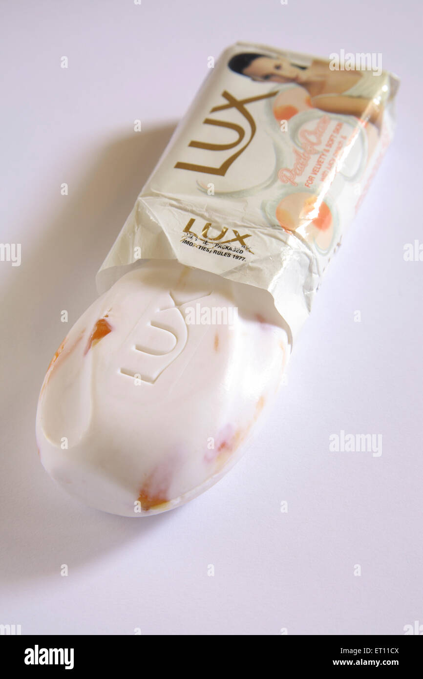 Lux toilet soap for velvety and soft skin on white background Stock Photo