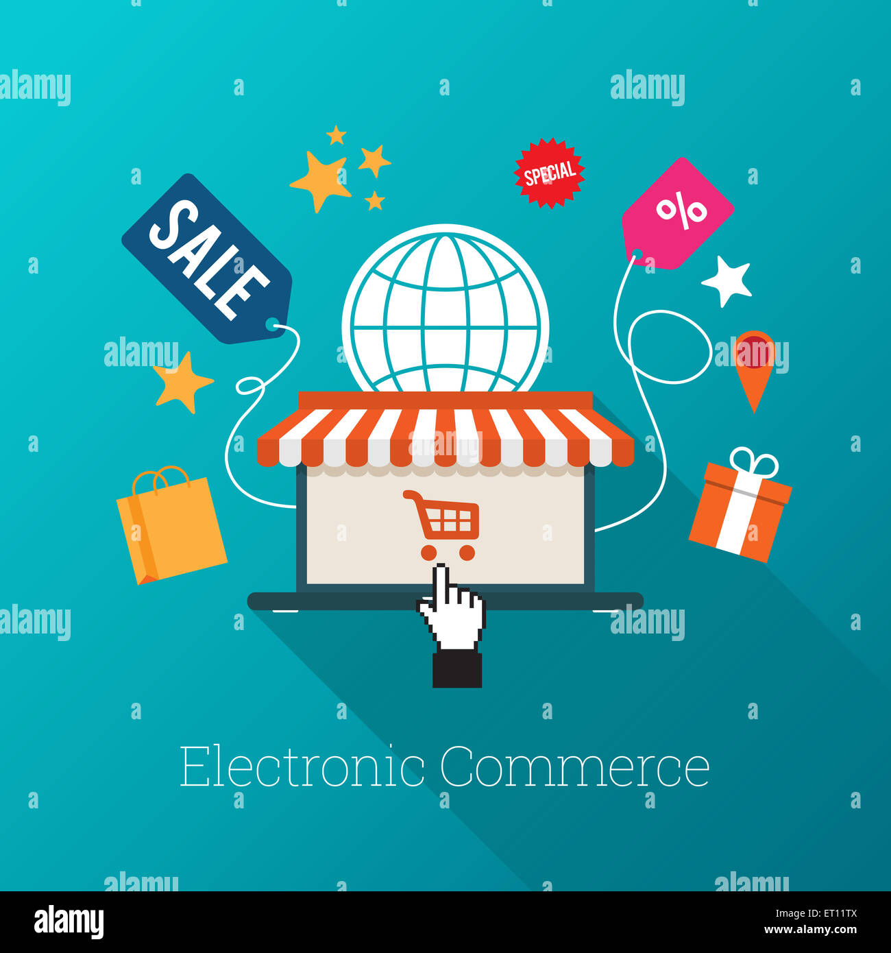 Vector illustration of laptop with awning and hand select icon with ...