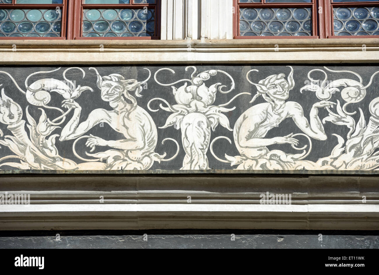 Close-up of sgraffito on facade part above arcade of Stables Courtyard (Stallhof) in Dresden, Germany. Stock Photo