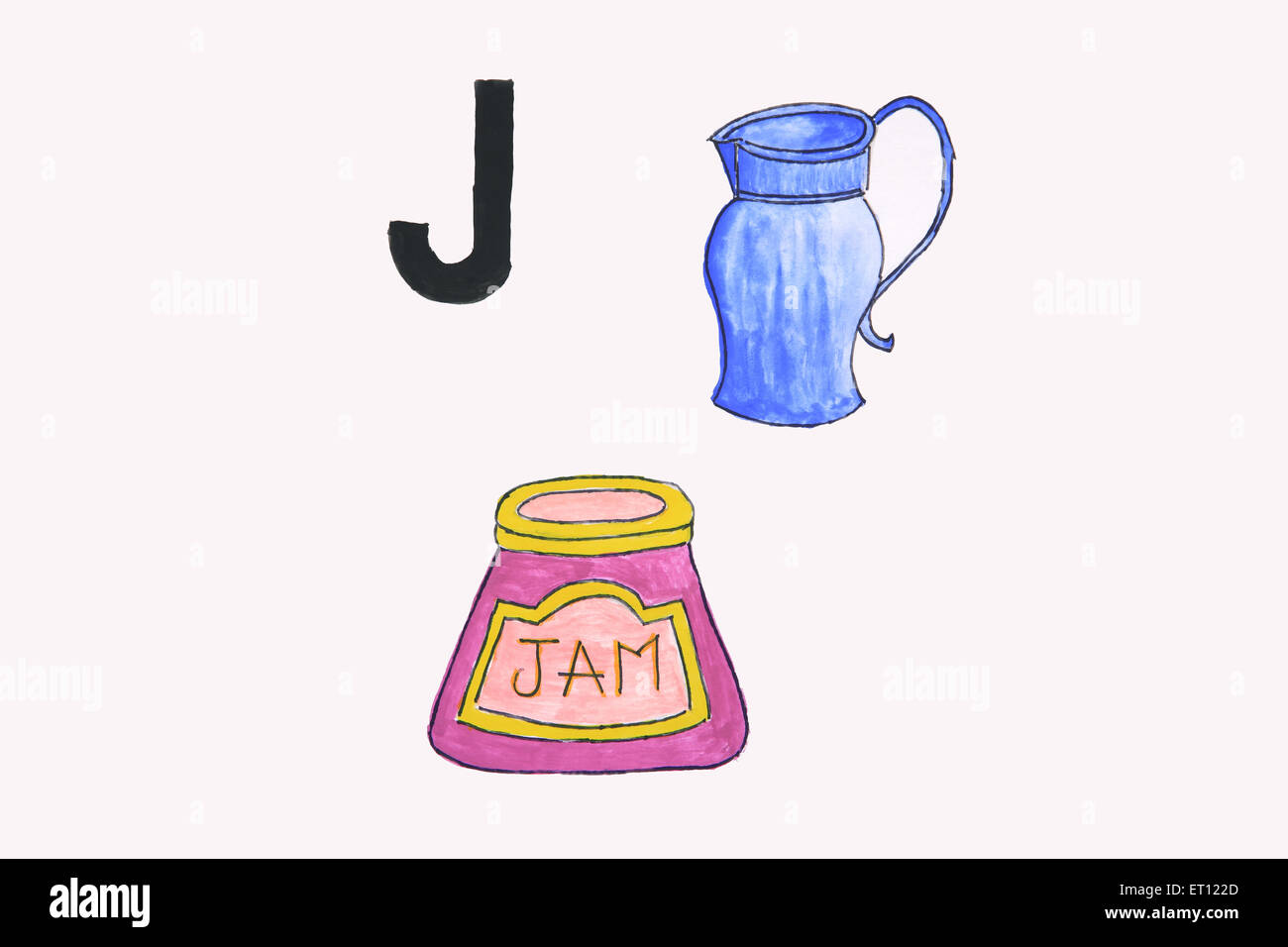Watercolour painting of alphabet j with jam and jug Stock Photo