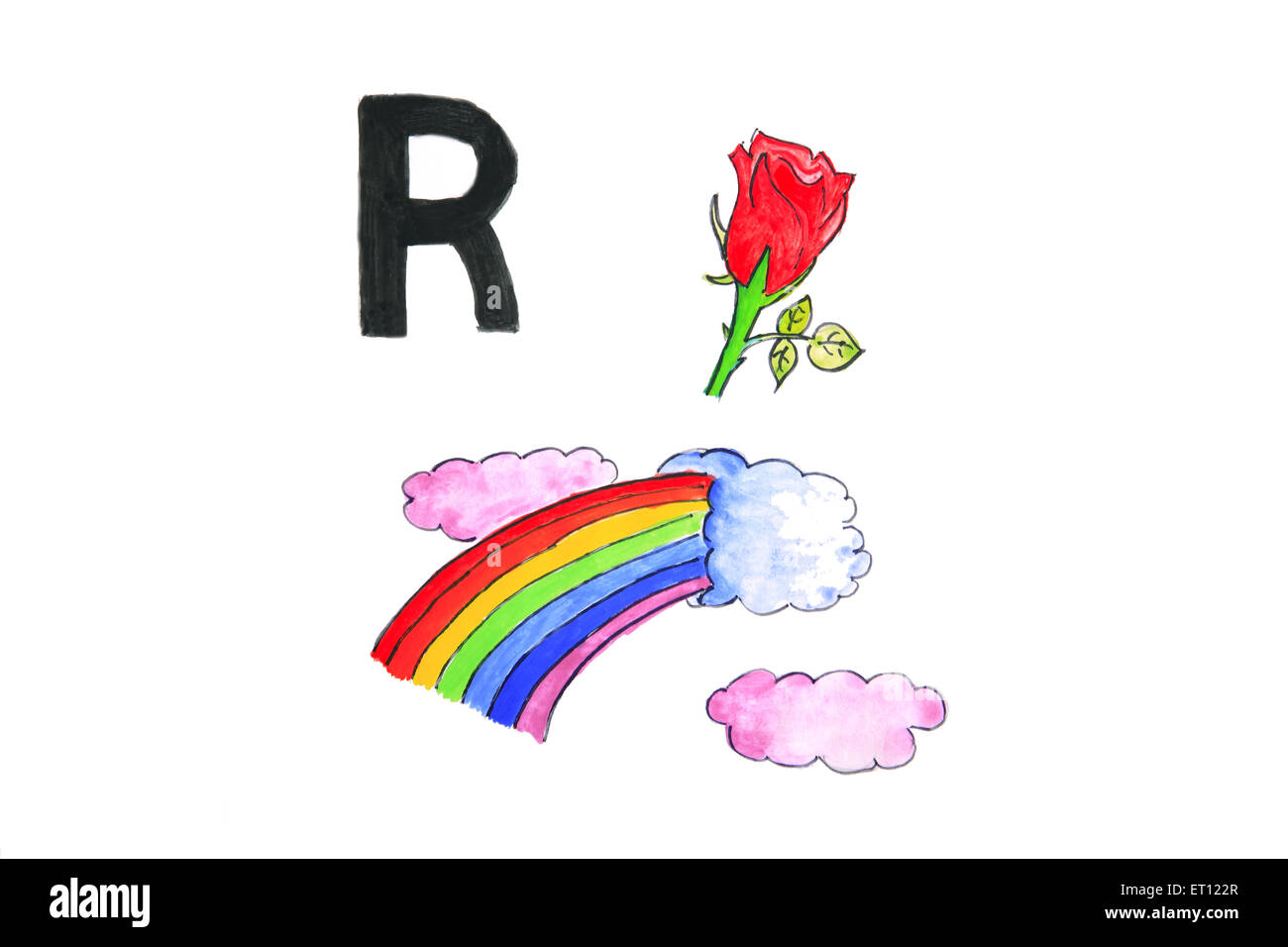 Watercolour painting of alphabet r with rainbow and rose Stock Photo