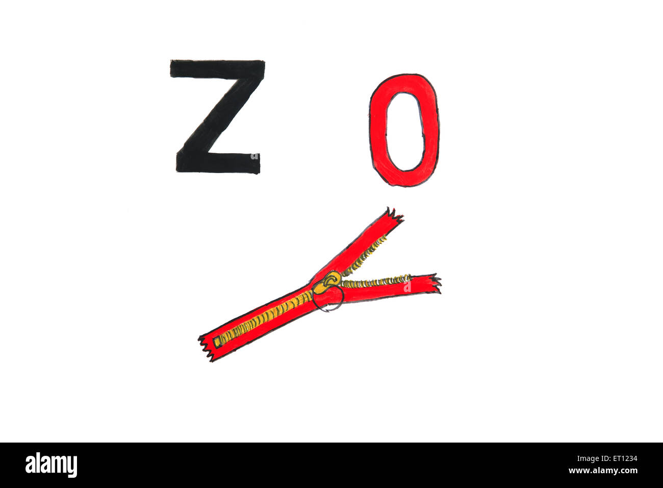 Watercolour painting of alphabet z with zero and zip Stock Photo