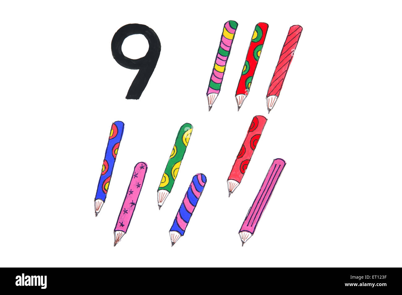 Watercolour painting numeral nine with pencils Stock Photo