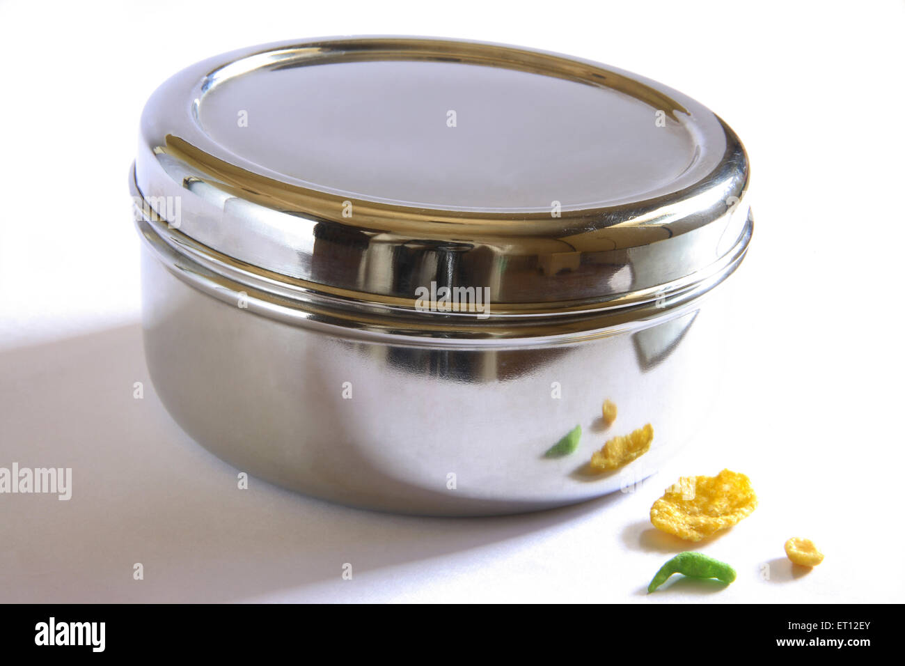 Box ; steel container and Chiwda Savoury ; snack mix ; India Stock Photo