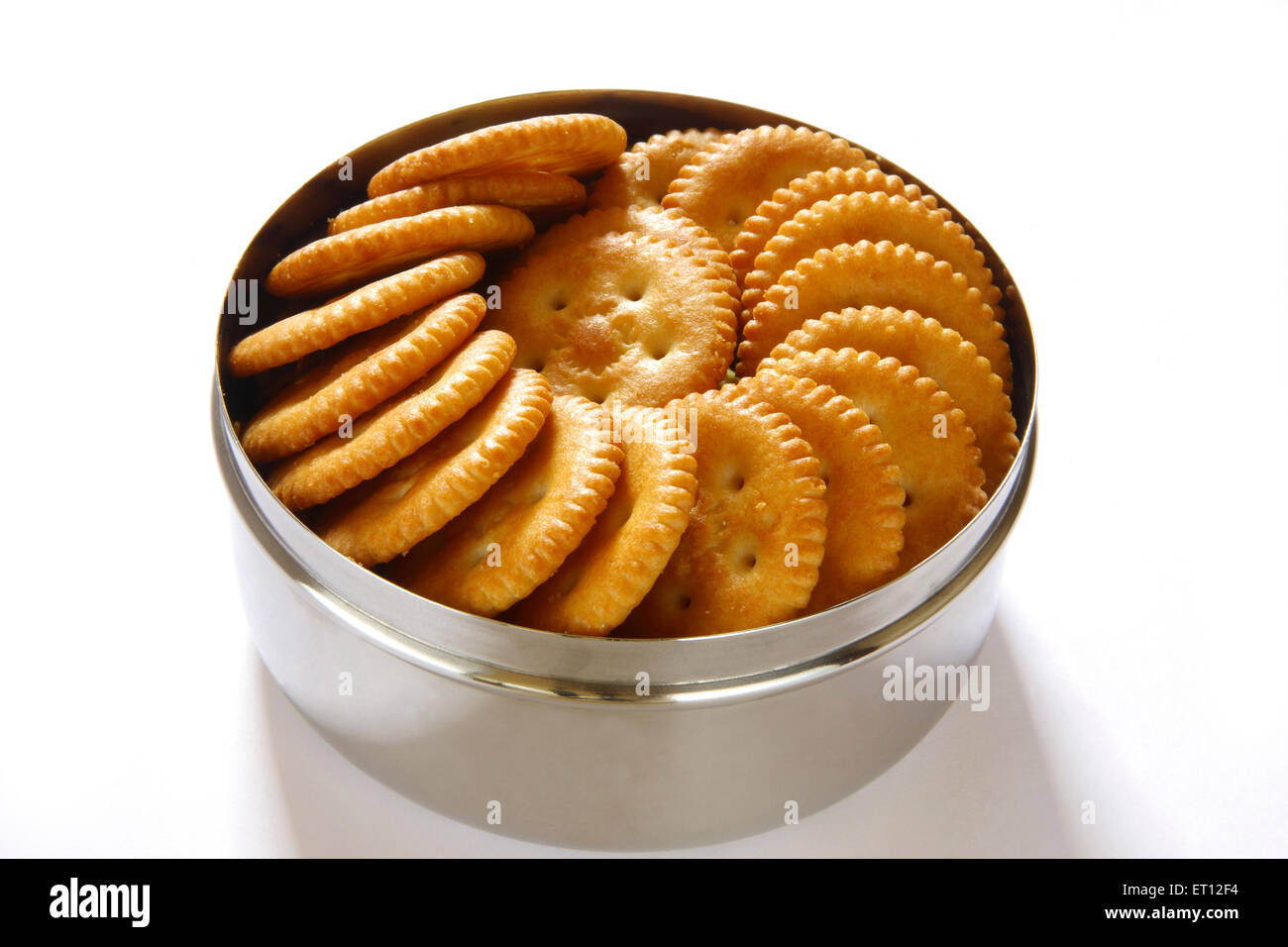 Parle Monaco Salted biscuit in steel box container , India , asia Stock Photo