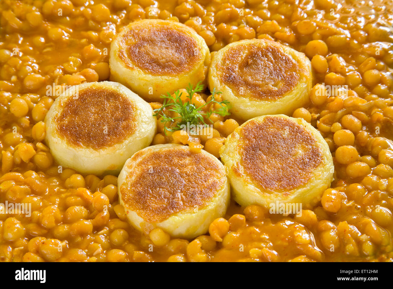 Indian fast food chaat chickpeas chhole ragda potatoes patties with