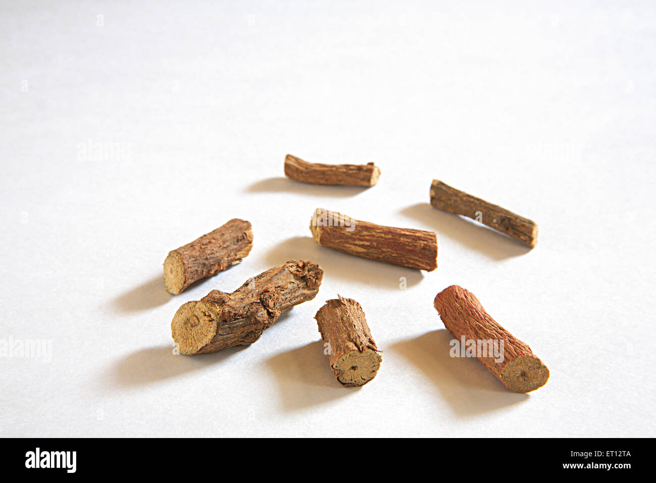 Mulethi , Liquorice , licorice , Glycyrrhiza glabra , white background Stock Photo