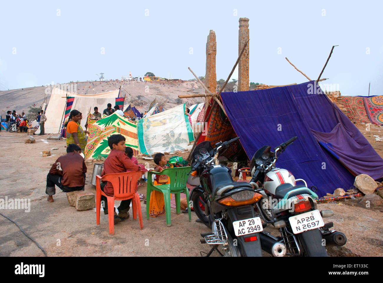People staying in tents ; Mahashivaratri festival ; Keesaragutta temple ; Hyderabad ; Andhra Pradesh ; Telangana ; India Stock Photo