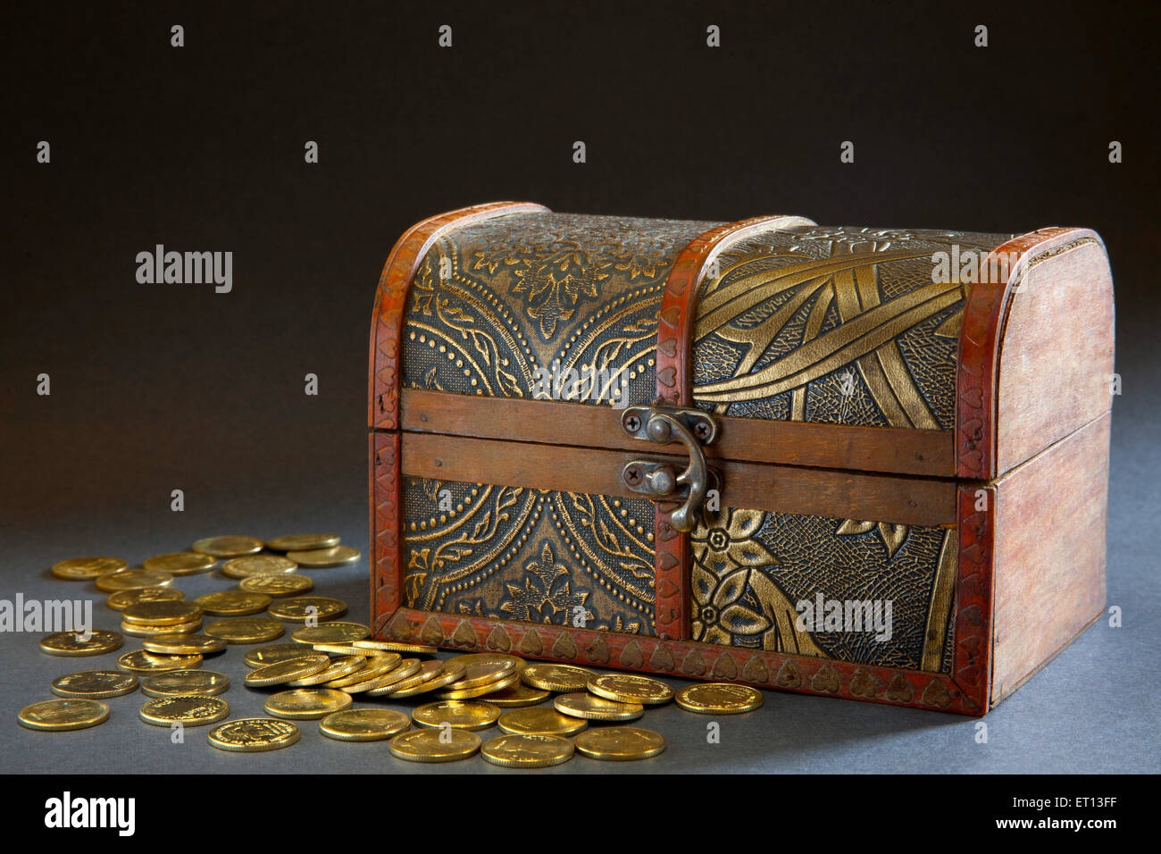 Jewel box with gold coins Stock Photo