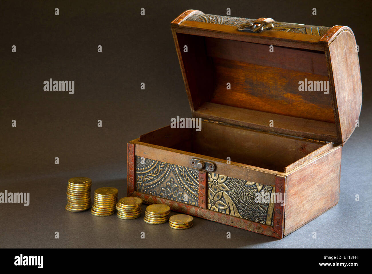 Wooden Jewellery Ornament box with Gold Coin India Asia Nove 2011 Stock