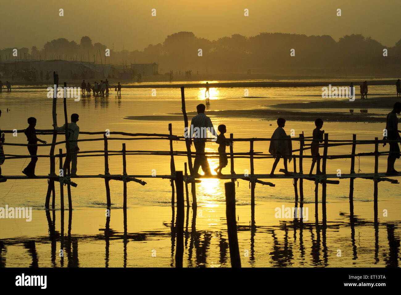 People on bamboo bridge ; Vaotha ; Gujarat ; India Stock Photo