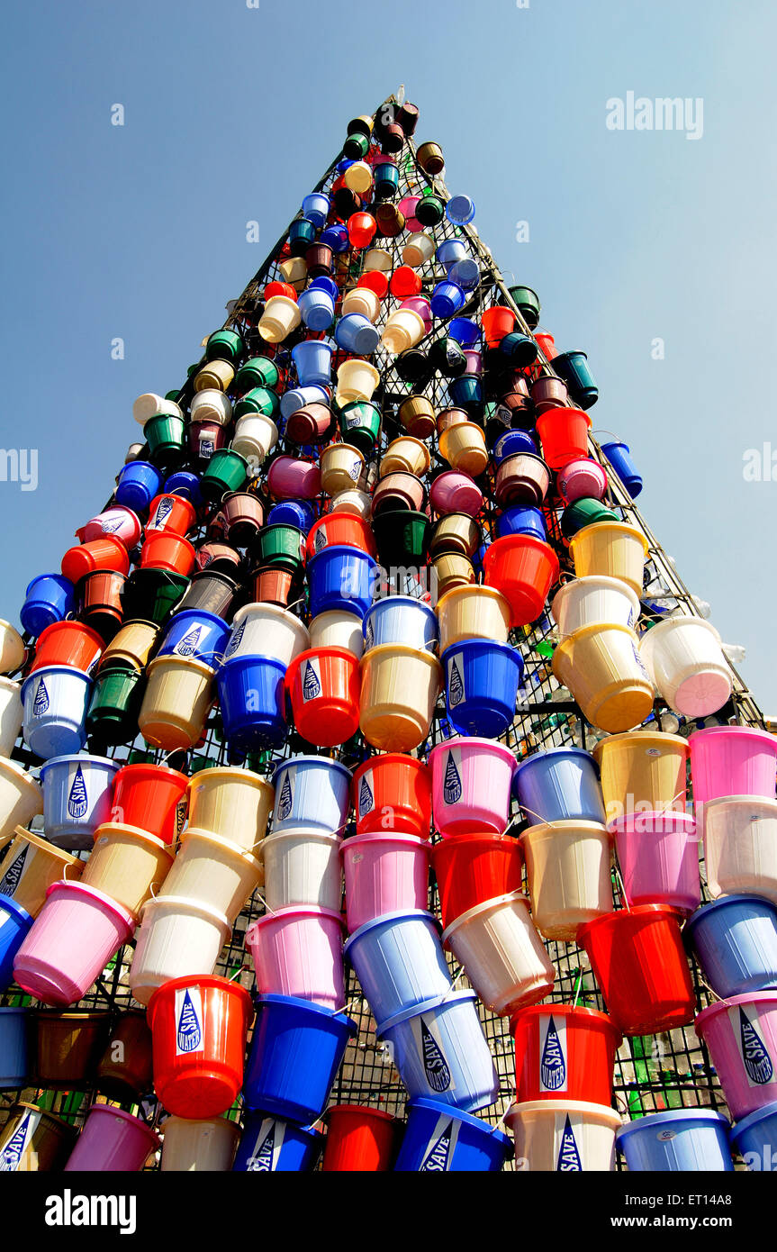 plastic buckets pyramid sculpture, Kalaghoda festival, Kala Ghoda, Bombay, Mumbai, Maharashtra, India Stock Photo