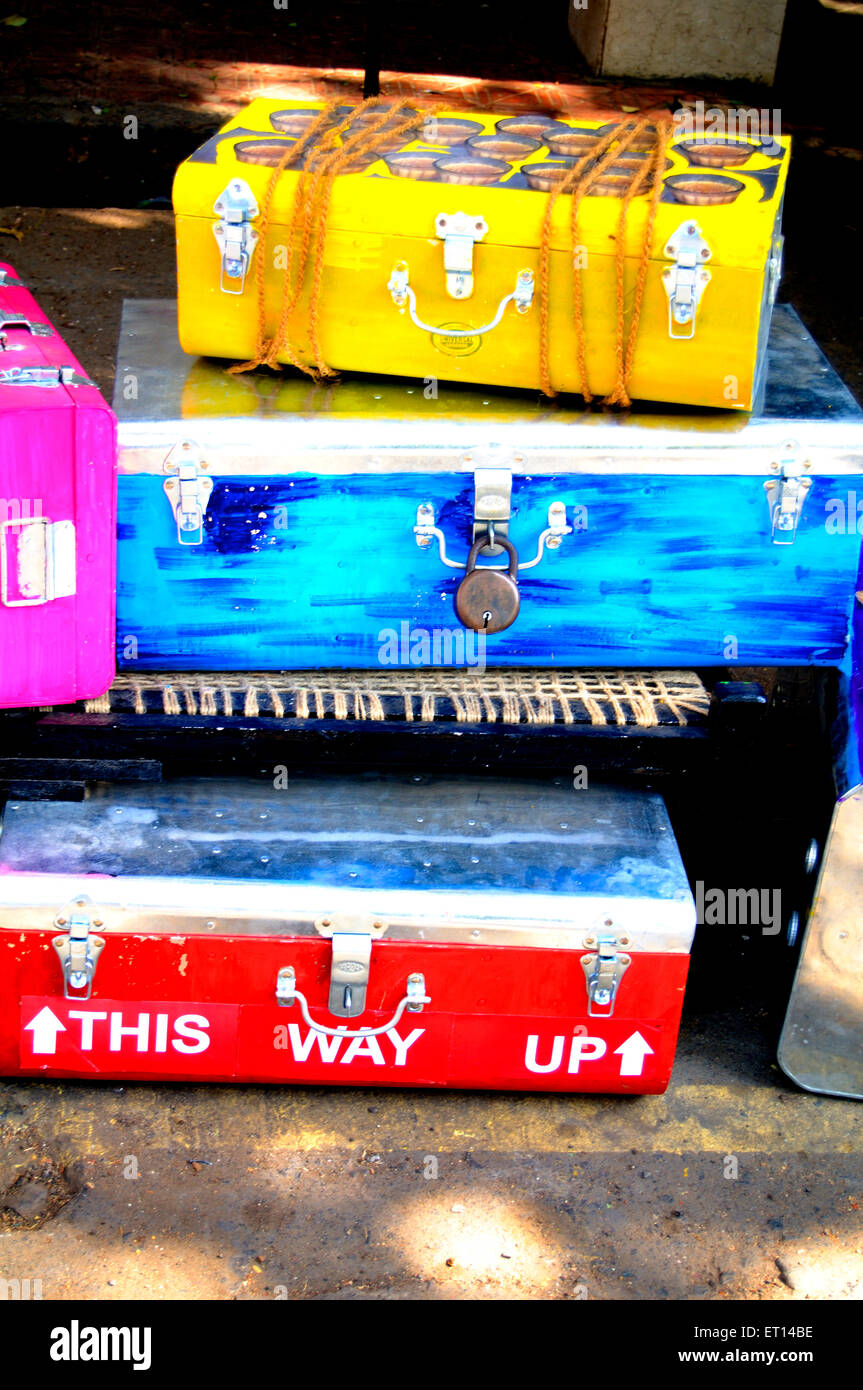 Tin boxes, this way up, Bombay, Mumbai, Maharashtra, India Stock Photo
