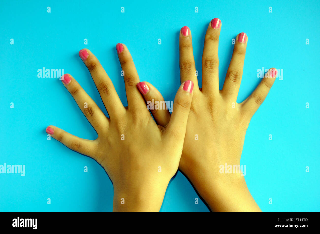 Hands with pink nail polish on blue background Stock Photo