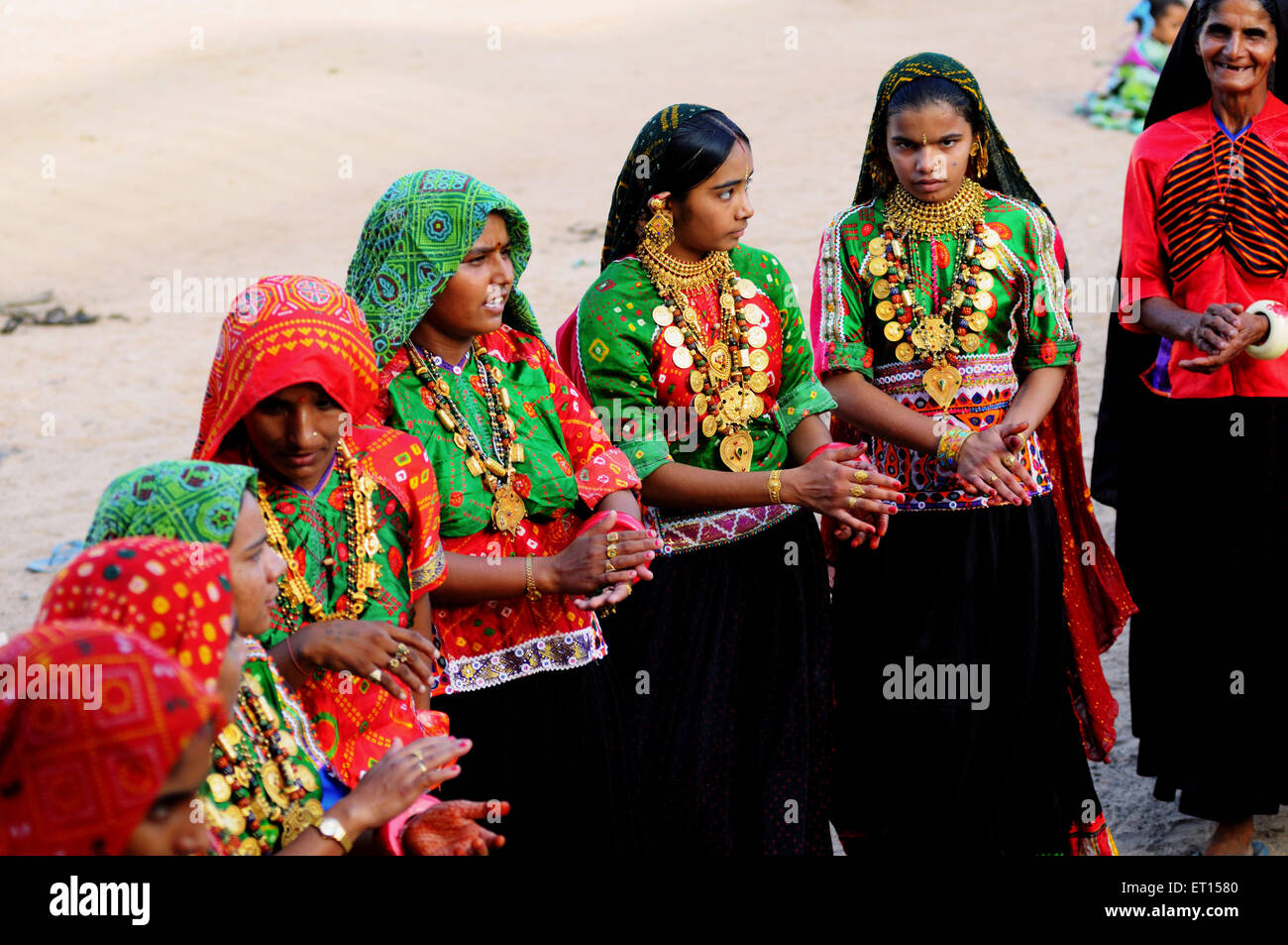 Rural women performing garbas during saatam aatham puja celebration at Mindiyada near Anjaar ; Kutch ; Gujarat ; India NO MR Stock Photo