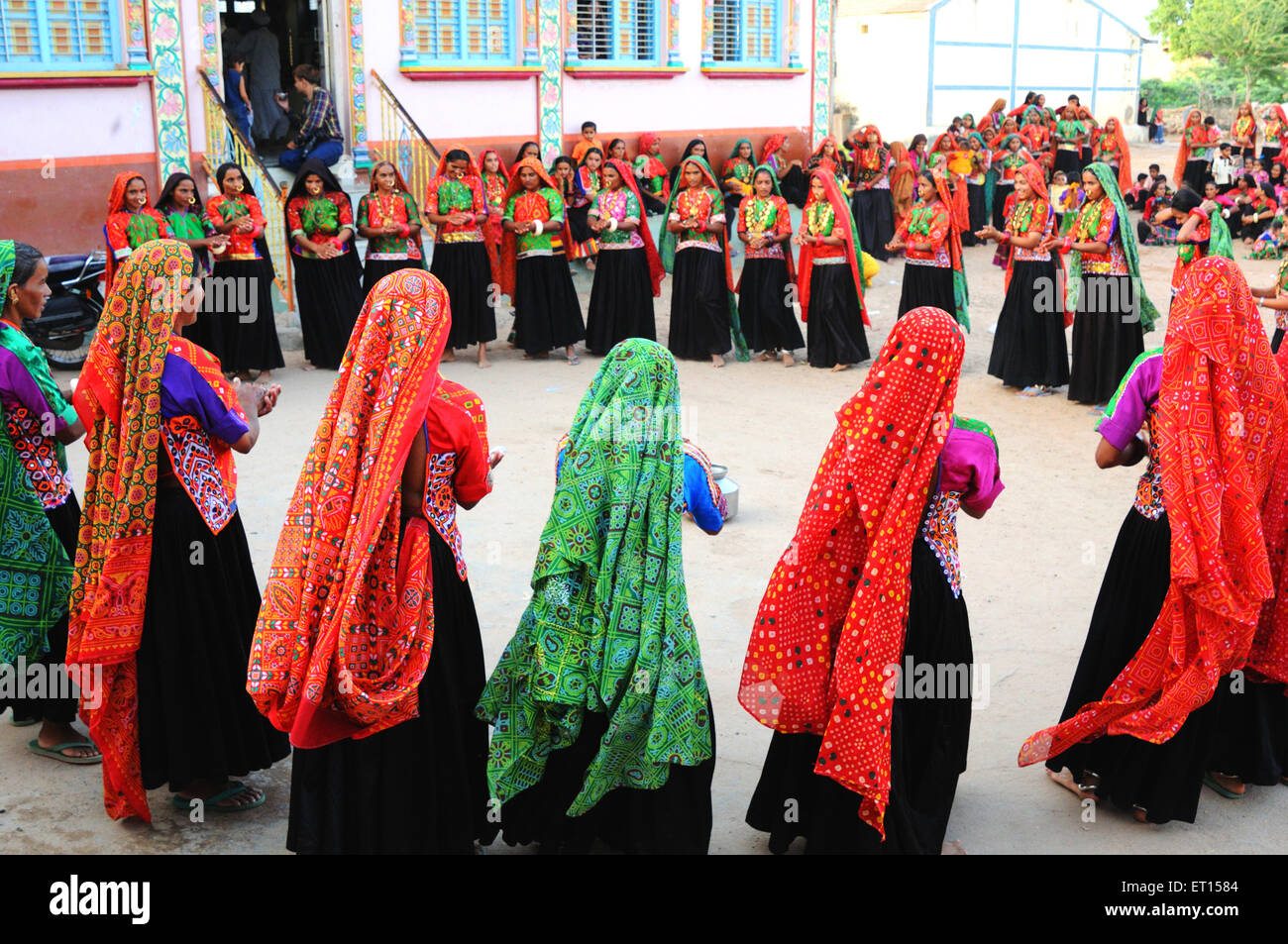 Rural women performing garbas during saatam aatham puja celebration at Mindiyada near Anjaar ; Kutch ; Gujarat ; India Stock Photo