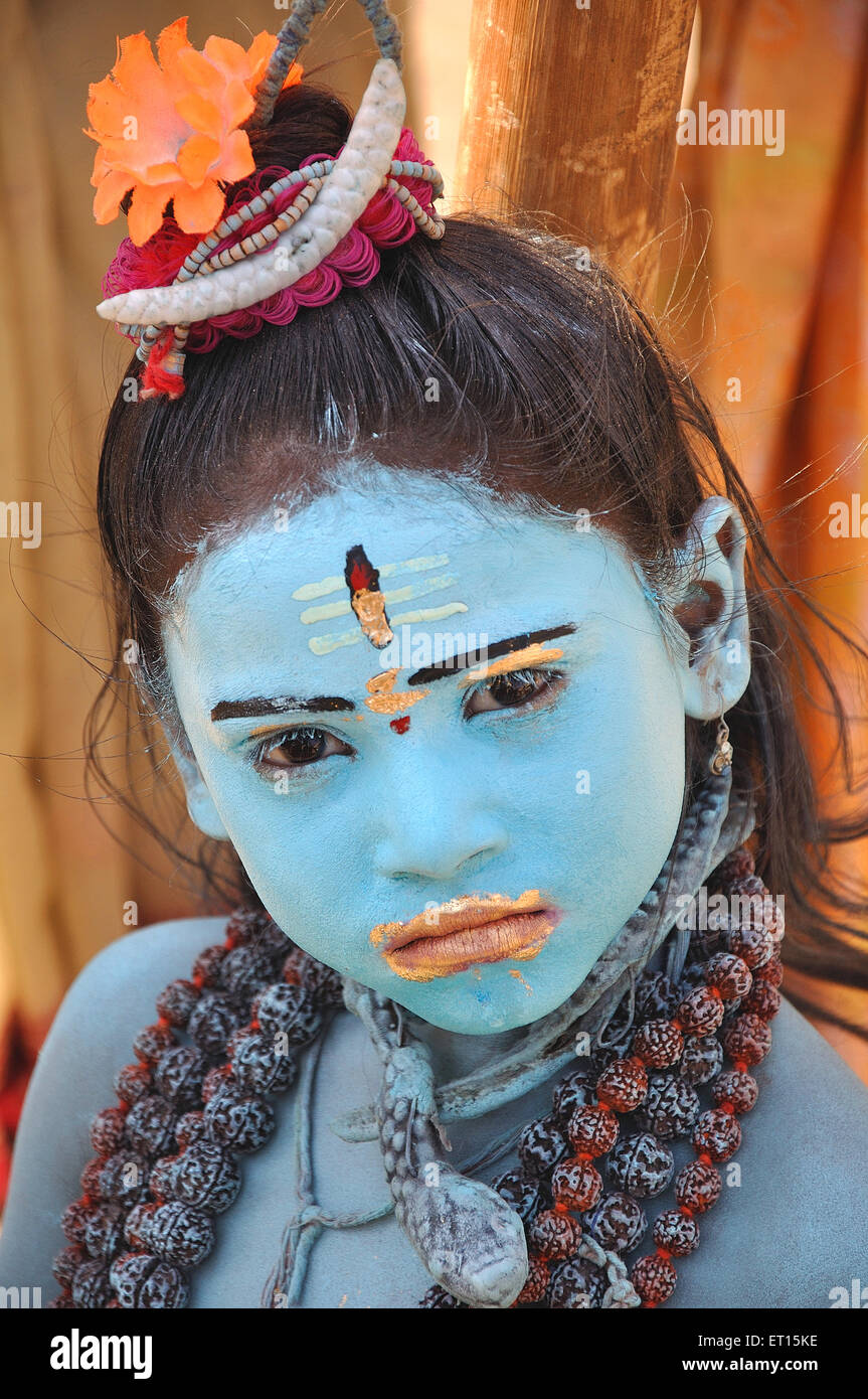 Young boy in Lord Shiva makeup costume fancy dress ; Pushkar ; Rajasthan ; India Stock Photo