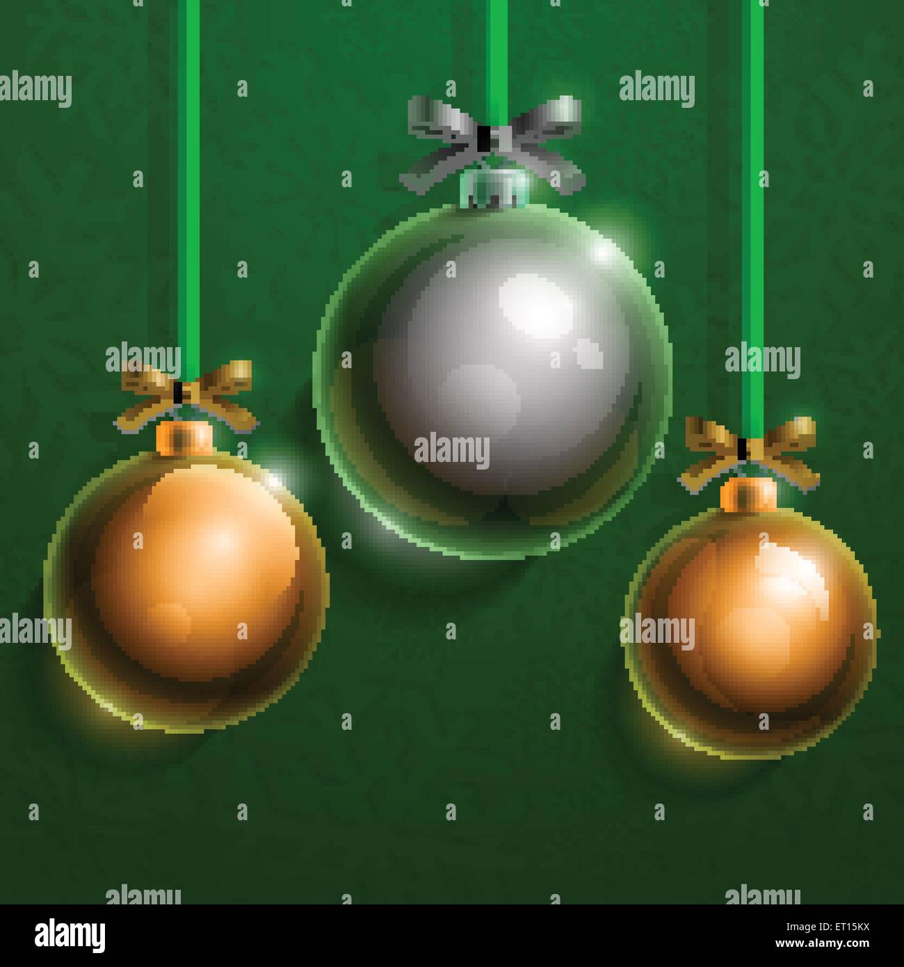 Christmas tree silver and golden realistic shiny glass balls on green background. RGB EPS 10 vector illustration Stock Vector