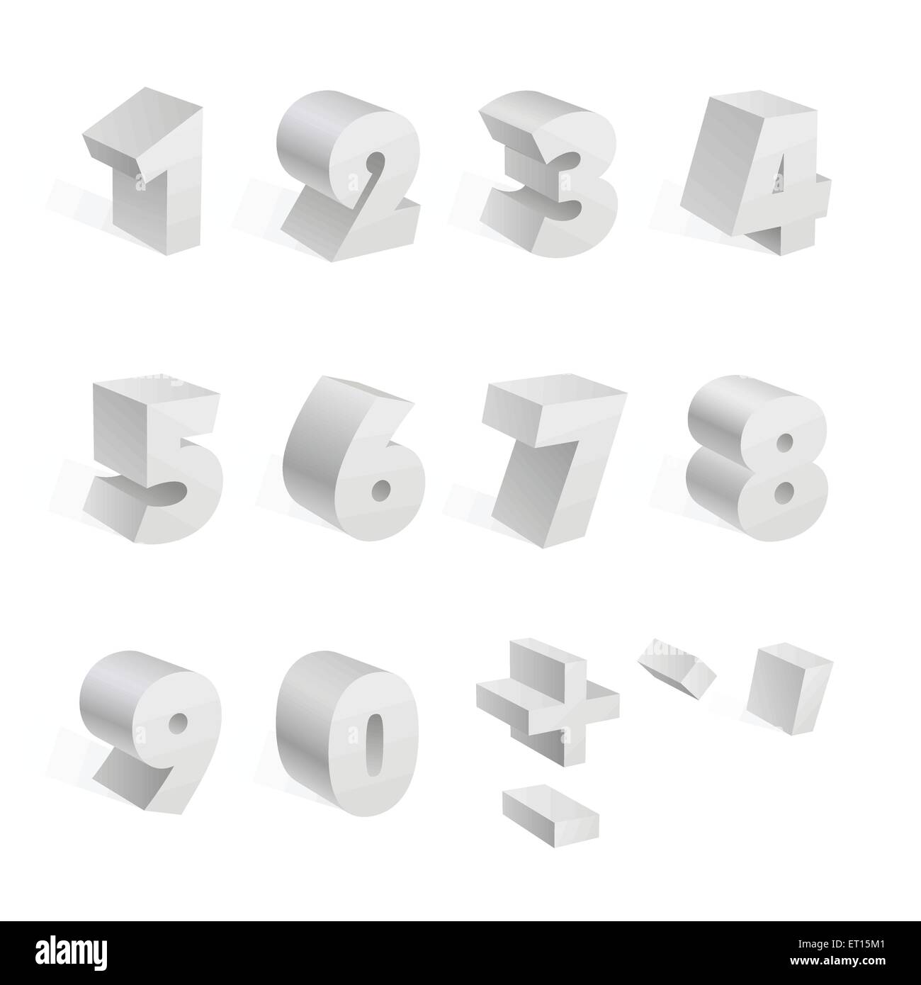 White 3d numbers isolated font on white background. RGB EPS 10 vector elements set Stock Vector