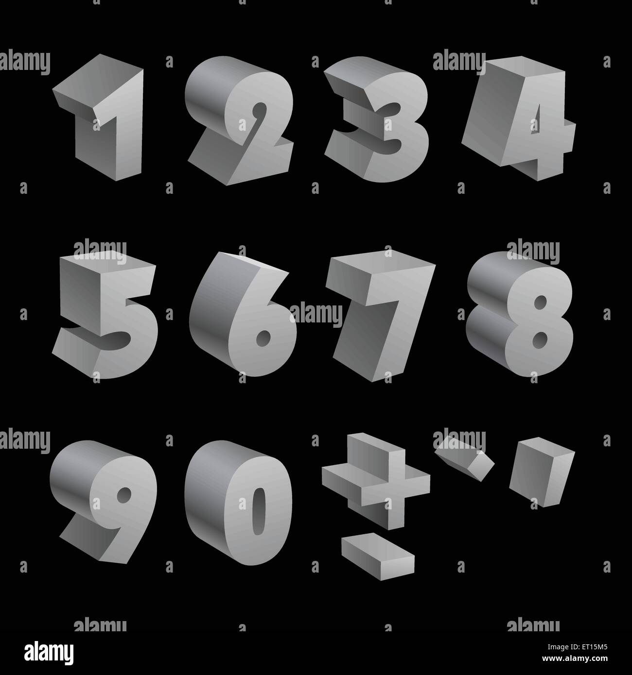 Silver 3d numbers isolated font on black background. RGB EPS 10 vector elements set Stock Vector