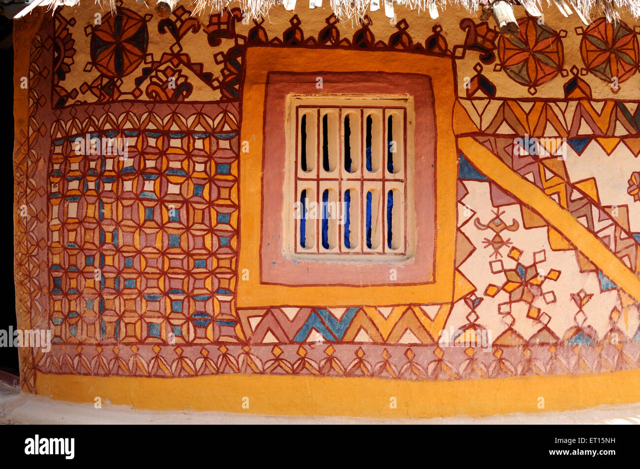 Window and wall painting of house ; Gorewali ; Kutch ; Kachchh ; Gujarat ; India Stock Photo