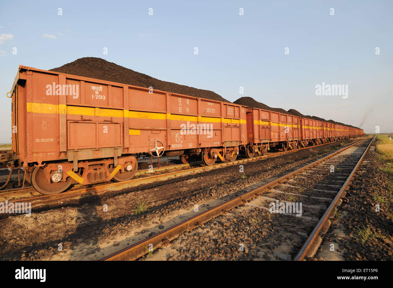 Goods train carrying coal, power plant, Adani Power, Mundra, Kutch, Gujarat, India Stock Photo