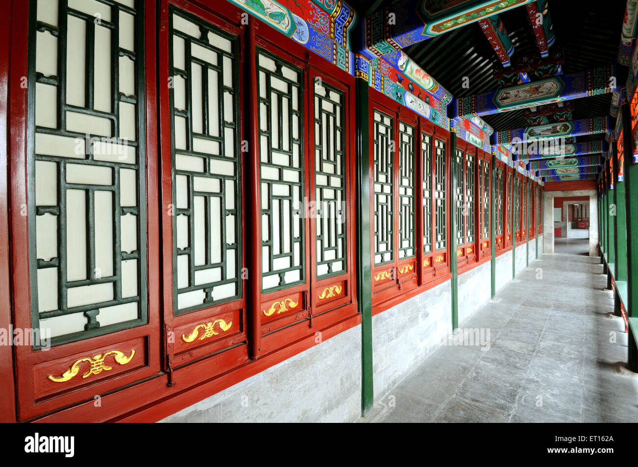 Wooden window panel in passage of Pavilion of Buddhist Fragrance, Summer Palace, Imperial Garden, Haidian District,  Beijing, China, Chinese Stock Photo
