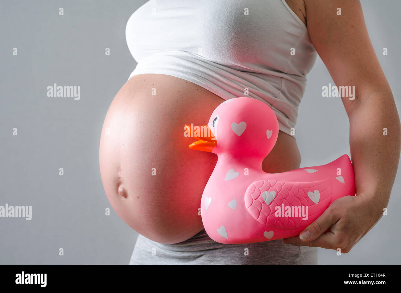 Pregnant woman maternity picture of her belly with a duck cuddly toy Stock Photo