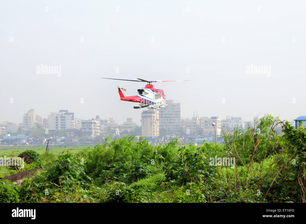 Helicopter taking off, chopper landing Stock Photo