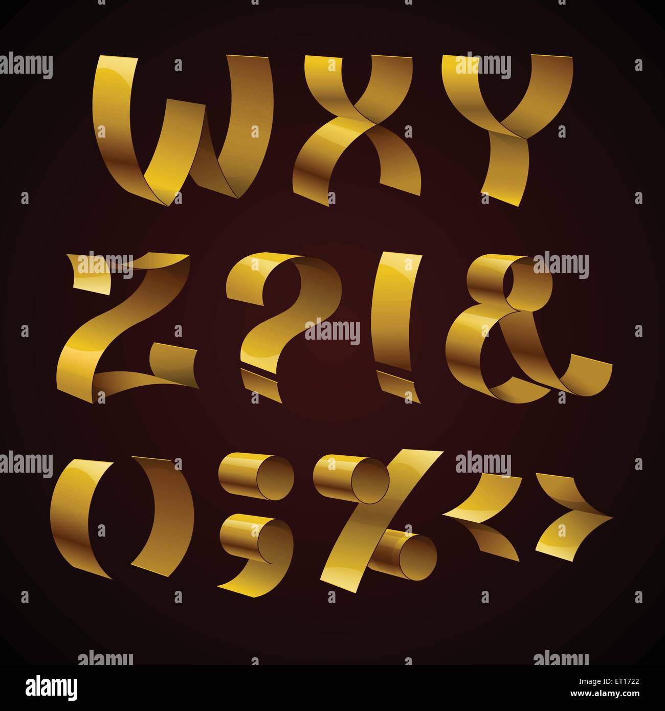 Set of isolated golden shiny ribbon font W-Z letters and punctuation ...