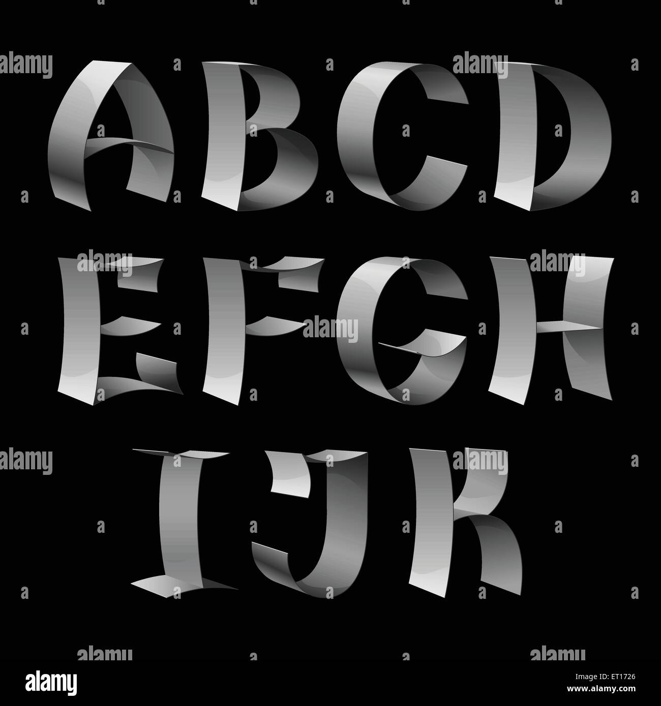 Set of isolated shiny metallic ribbon font AK letters on black