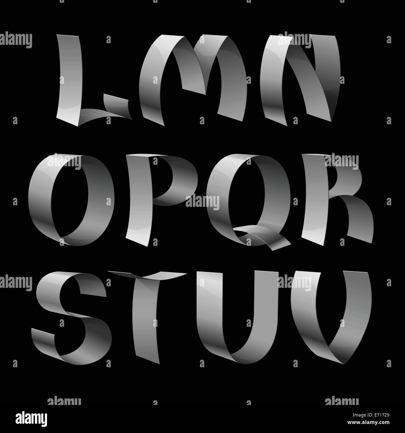 Set of isolated shiny metallic ribbon font LV letters on black