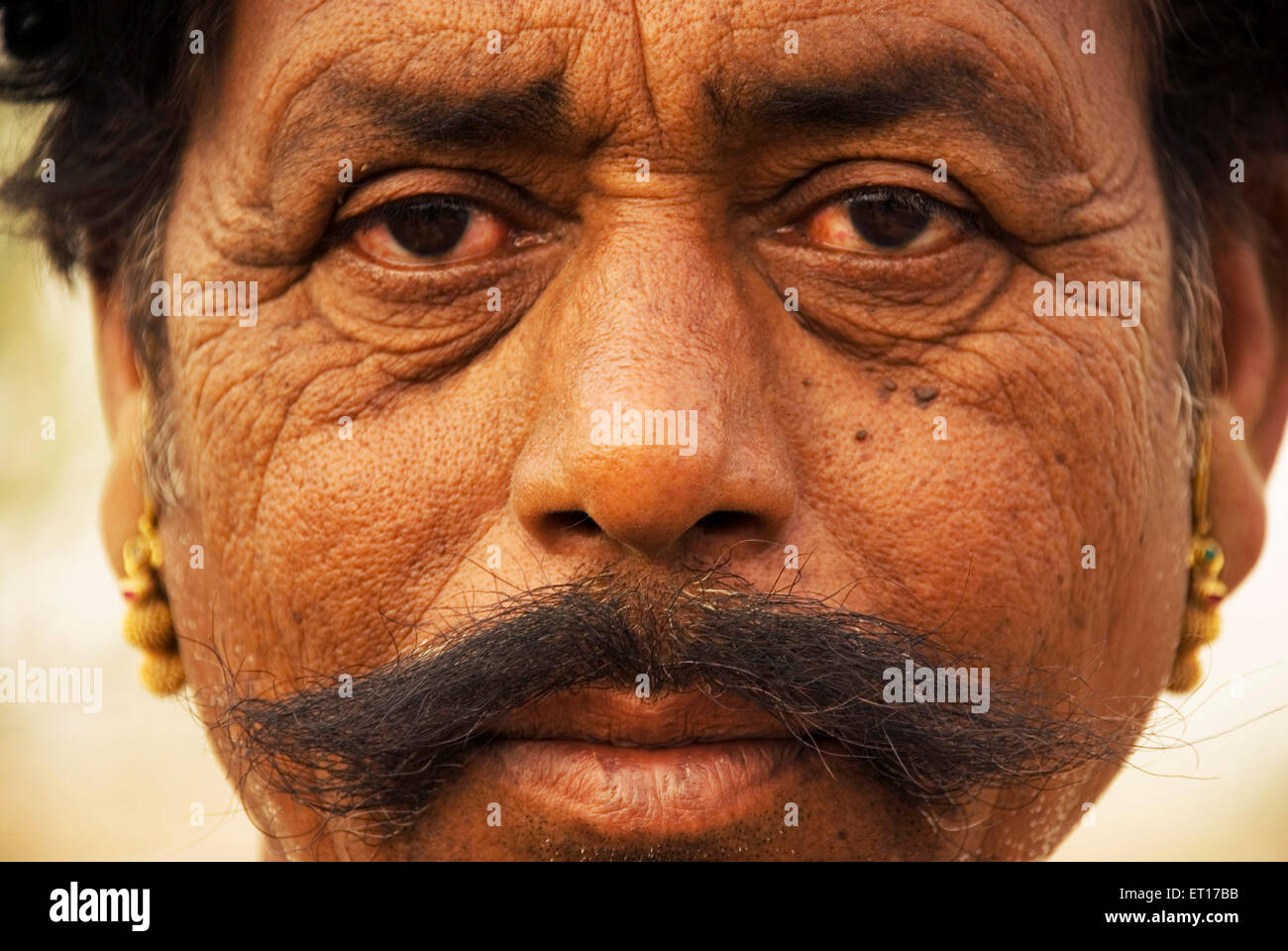 Rajasthani man closeup looking at camera; Tivary ; Jodhpur ; Rajasthan ; India - Model Release # 768 Stock Photo