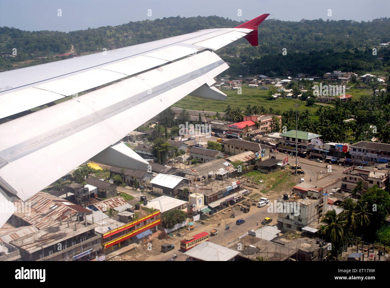 Aerial view of aeroplane wing and Port Blair ; India Stock Photo