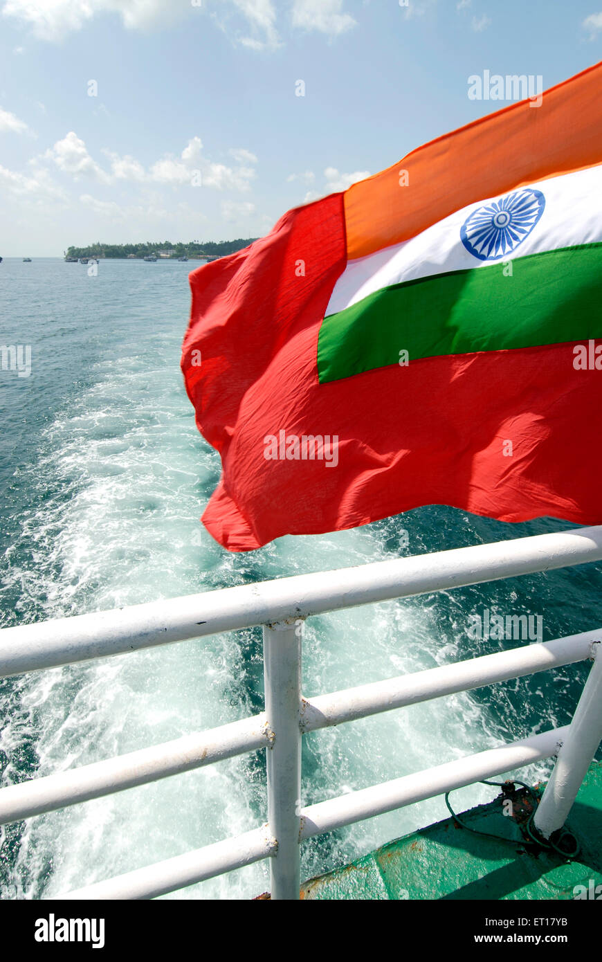 View from boat Neil Islands with Indian flag ; Andaman Islands ; Bay of Bengal ; India October 2008 Stock Photo