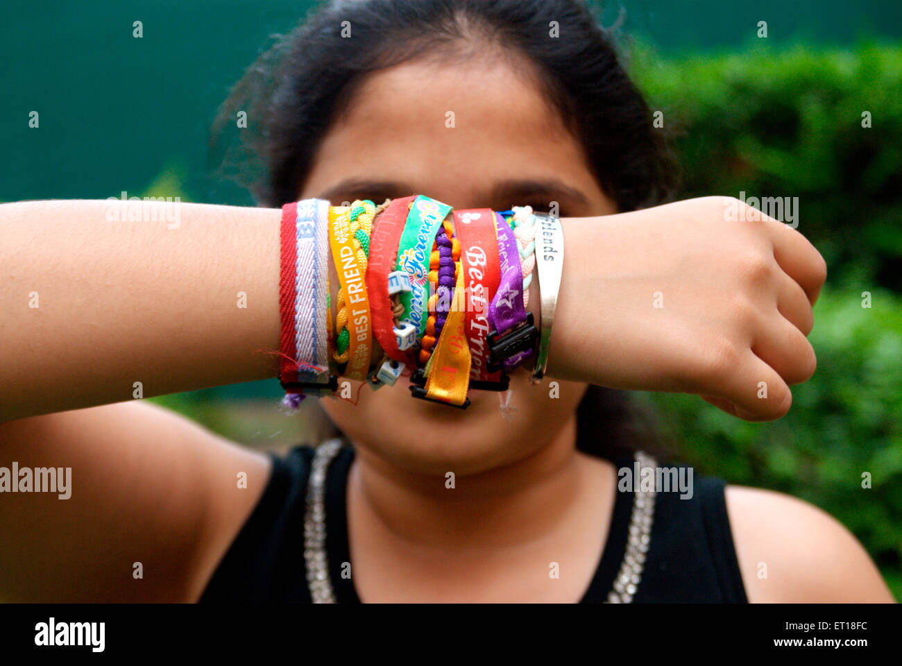 Friendship band belt bracelet tied on Friendship Day , India , Asia , MR#364 Stock Photo