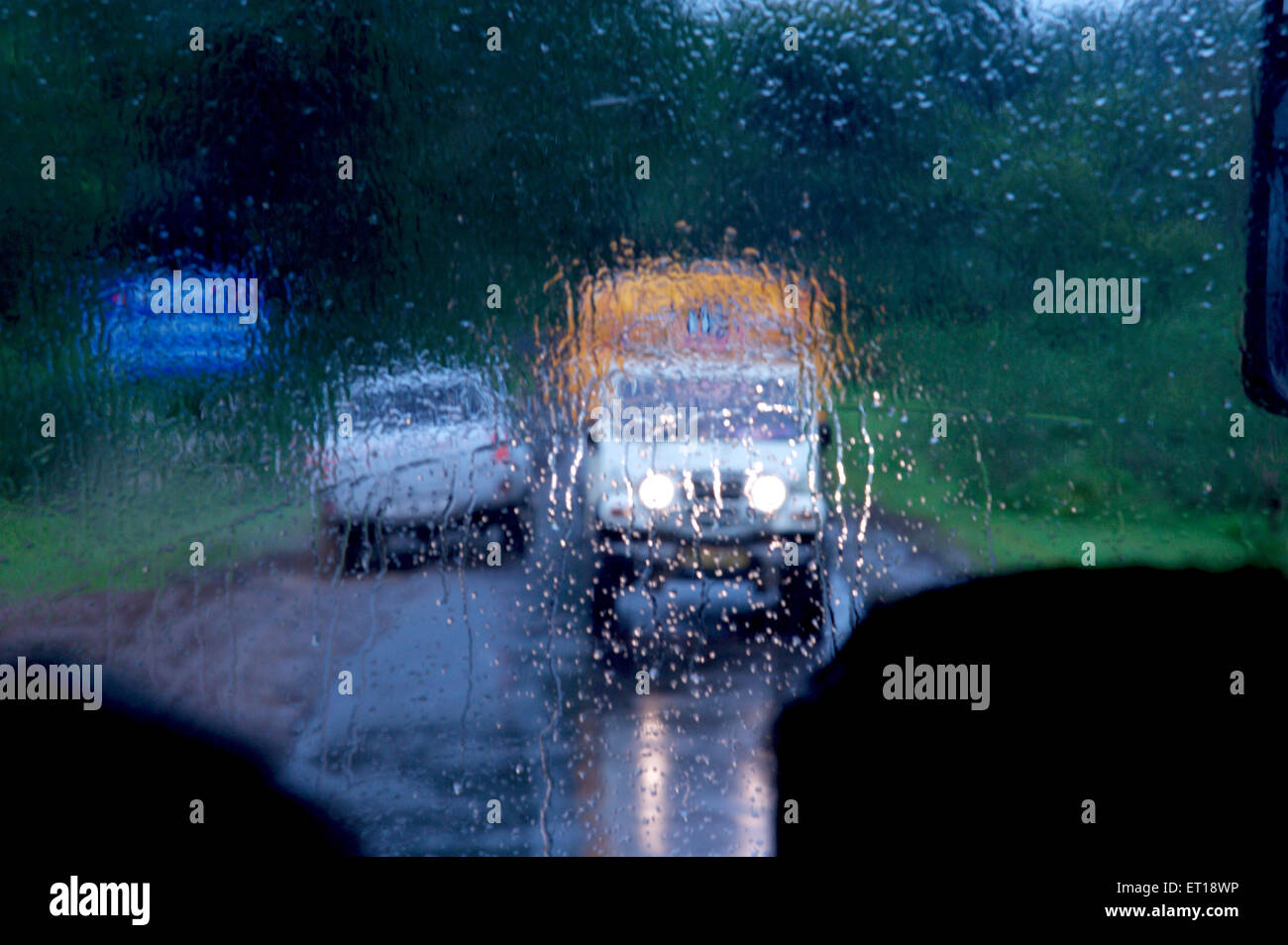 raindrops on car windscreen Stock Photo